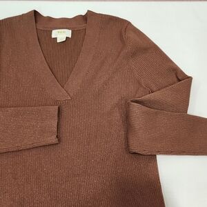 Anthropologie Maeve Thea V-neck Sweater Women’s Sz. L Ribbed Metallic Brown